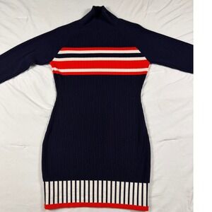 Navy Blue Ribbed Knit Mock Neck Striped Bodycon Mini Dress Small Preppy Staple